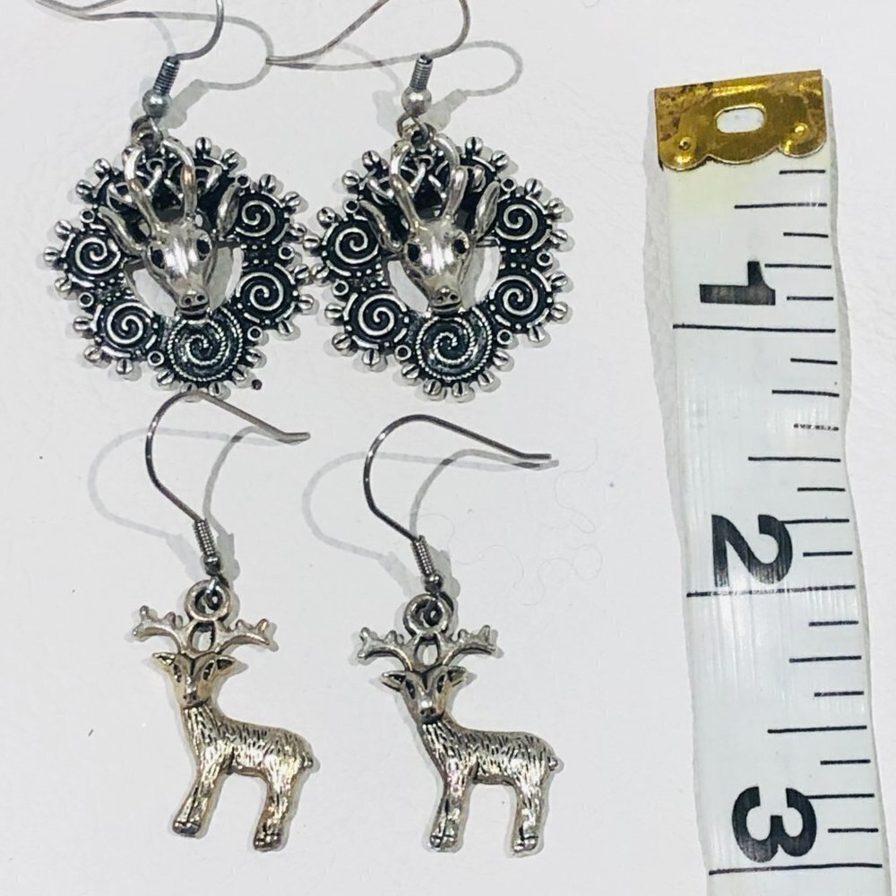 Silver Tone Deer Drop Earrings | Woodland Stag Reindeer Dangle Earrings - Picture 5 of 5
